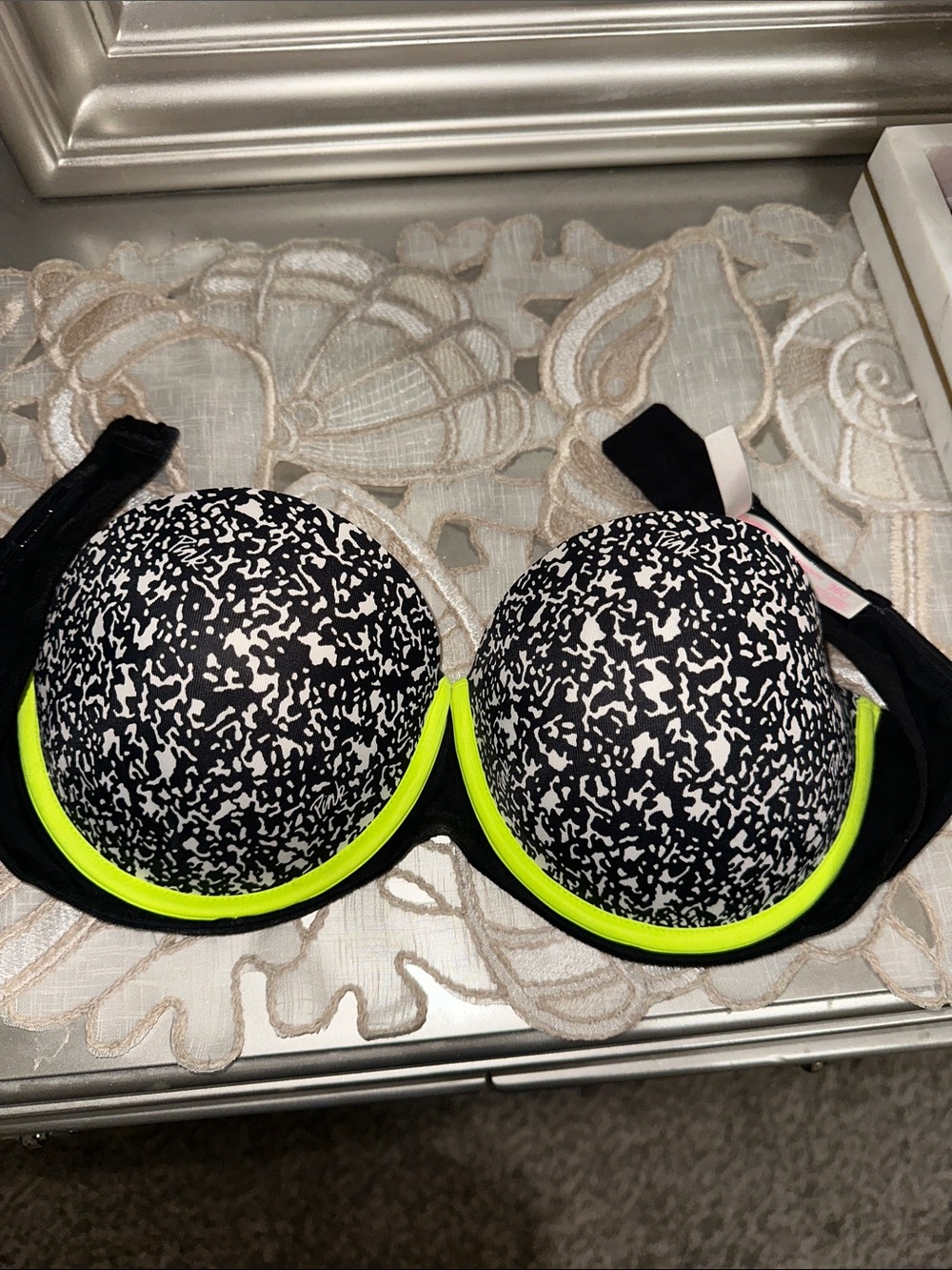 Pink Y2K Black & White Printed Push-Up Bra with Neon Trim vintage 36c